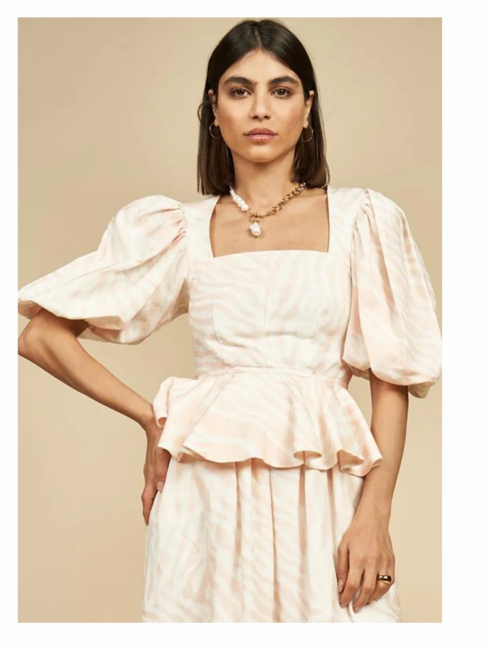 Hunter Bell Puff-Sleeve Peplum Top in Soft Blush, great condition.